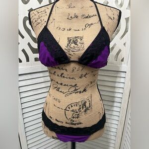 Daisy Beachwear Purple Triangle & Black Lace Bikini Top